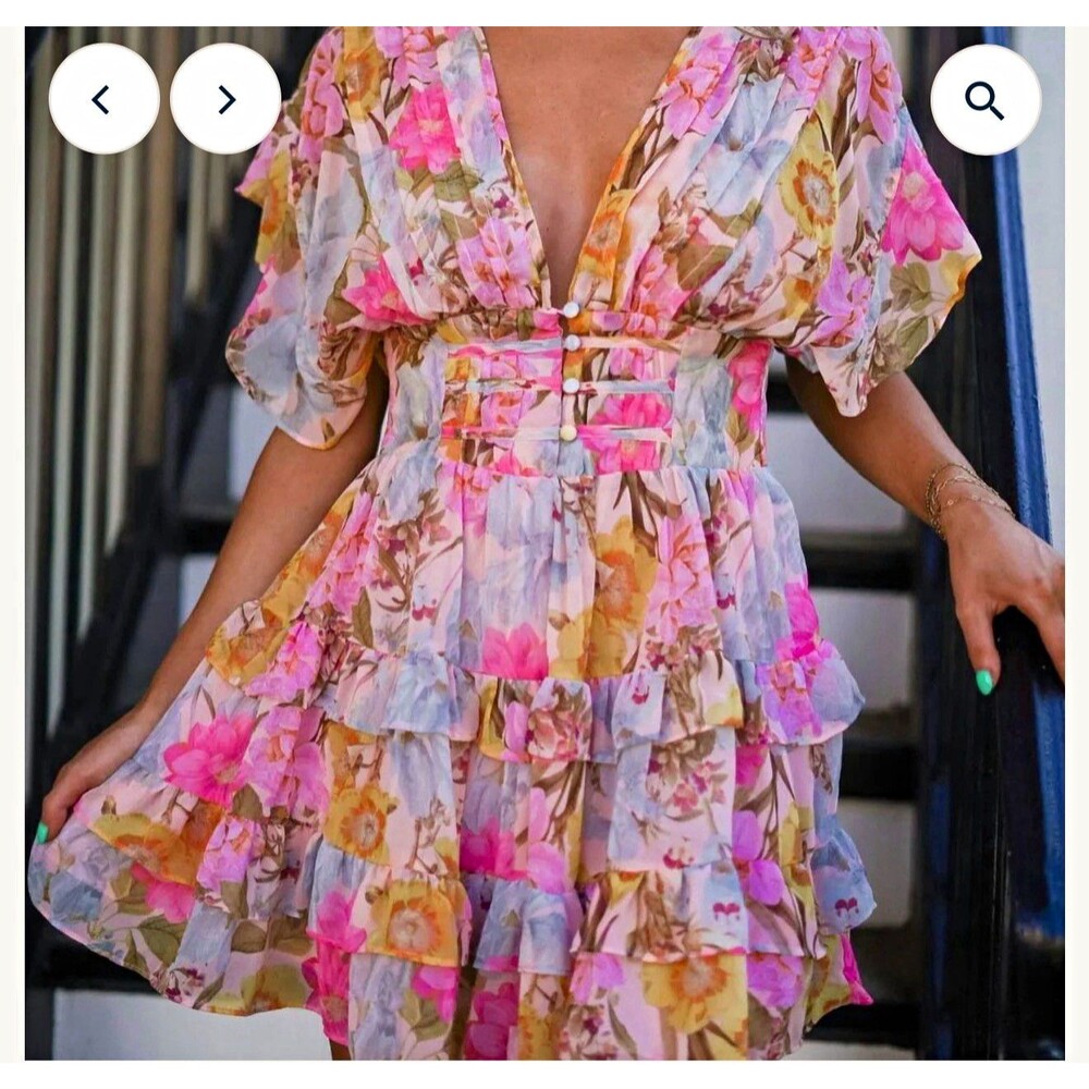 OLIVACEOUS Multicolor Floral V-Neck Flutter Sleeve Ruffle Button Mini Sz M